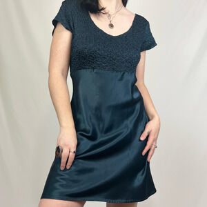 Vintage 90s Dark Blue Green Teal Satin Ruffle Mini Dress L